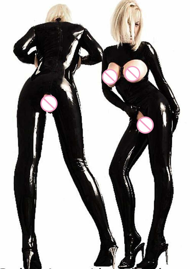 Секси Жените Catsuit Отвори Биста Bodysuit Мачка Дами Костим Отвори Crotch ПВЦ Латекс Catsuit Тесни Фитинг Jumpsuits