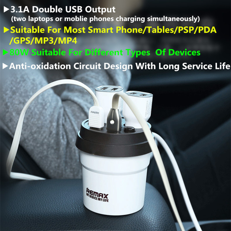 Remax CR-2XP Универзална Demitasse Автомобил Полнач 3.1 2 USB Порти Мобилен Телефон Брзо Полнење Држачи за полнење за