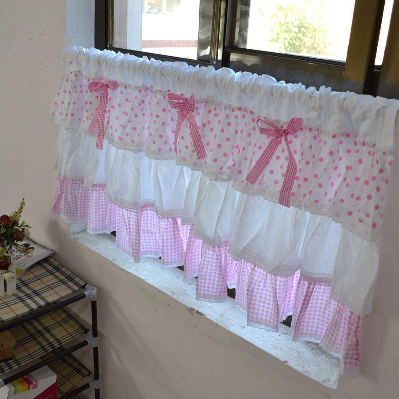 Издржливи 1Panel висина 50cm Прекрасна торта стил розова решетки точки лак памук дома декоративни краток завеса кафе