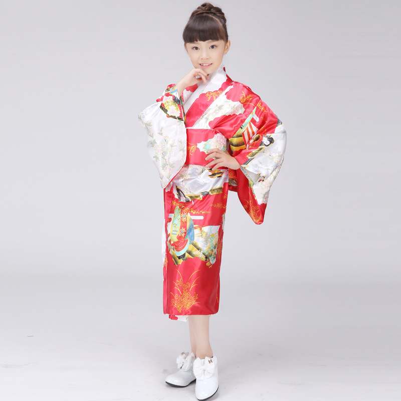 Детето Традиционалните Јапонски Кимоно Девојка Долго Gown Bathrobe Yukata Сатенски Фустан Деца Кимоно Japones за Фаза Cosplay Костим 89