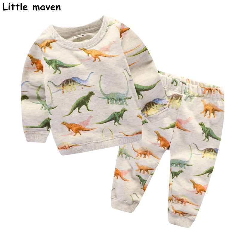 Малку maven децата поставува 2017 нови есенски момчиња Памук бренд долг ракав диносаурус print t кошула + панталони 20148