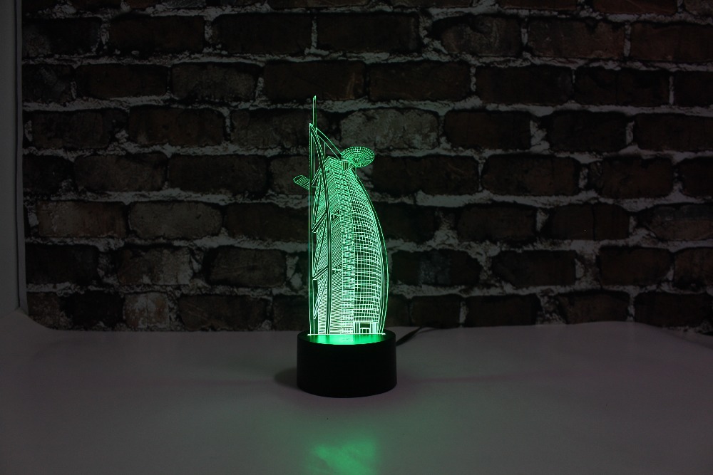 YJM-2908 3D Burj Al Arab Хотел,3D LED Декорирани Шарени Nightlights, Маса или Кревет Светилка со Допир Контрола