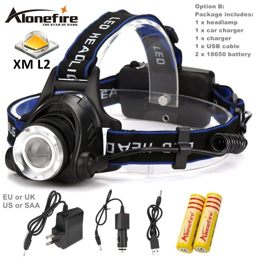 AloneFire HP79 КРИ XM-L2 LED 3800LM Алуминиум Батерија Зум Светлата Headlamp кри + 2x18650 Батеријата+AC Полнач+Автомобил полнач
