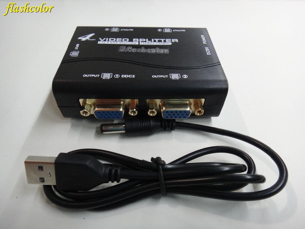 Flashcolor VGA Splitter 4 порти VGA Video splitter 250MHZ 1 на текст 4 излез поддршка на USB напојување со адаптерот