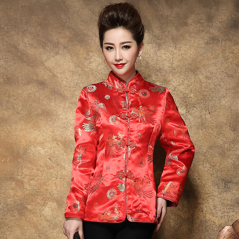 Традиционален Кинески Облека За жени зима Нова Година фестивал партија подарок Танг одговараат на врвните женски Свила јакна Cheongsam стил на Врвот