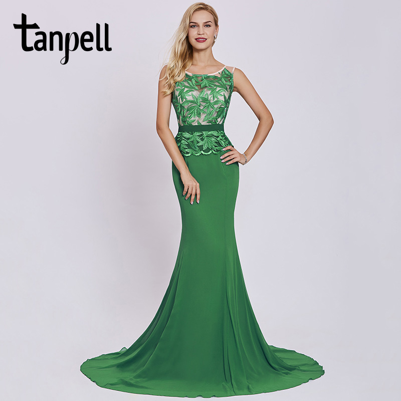 Tanpell везови вечерни фустани темно зелена ракави кат должина линија gown жени, понесете ги обучуваат долго сирена вечер
