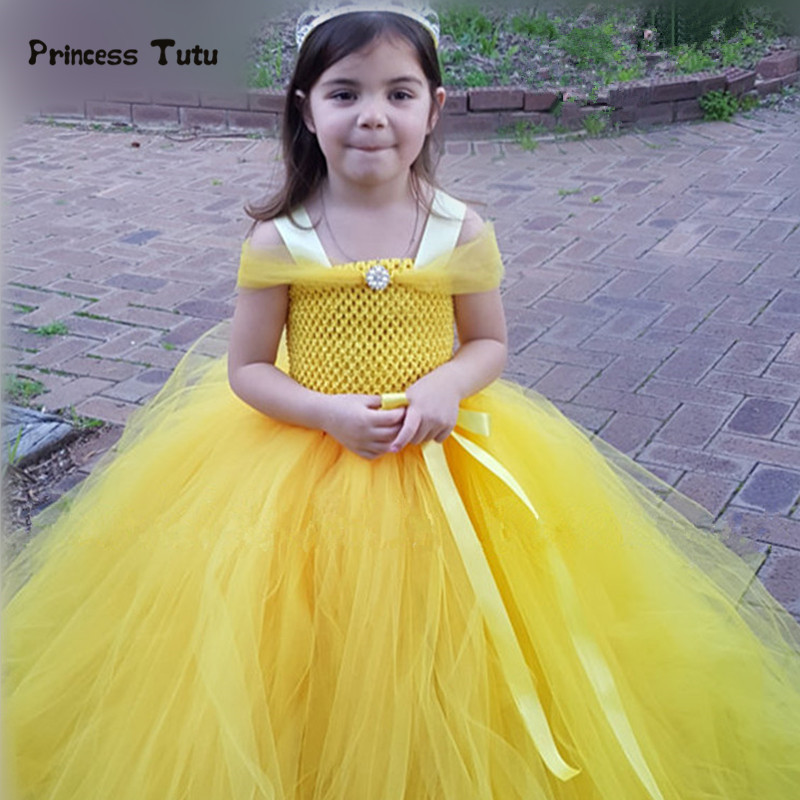 Принцезата Belle Туту Фустан Девојки Tulle Партија Свадба Цвет Девојка Фустани Жолта Деца Ноќта На Вештерките Убавина
