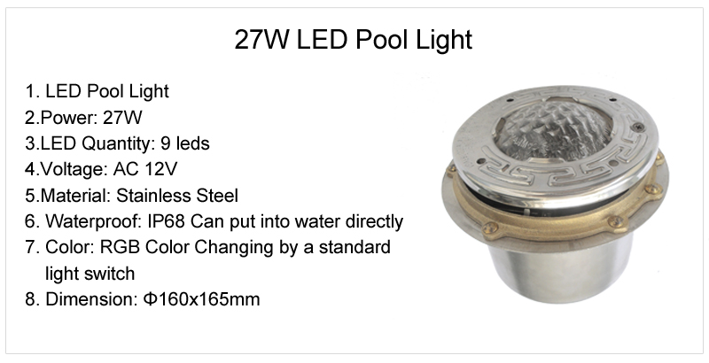 27W 9W Подводни LED Базен Светлина Piscine 12 Volt 50 Нога Кабелот од нерѓосувачки челик со Лажат Тела RGB Сино бели