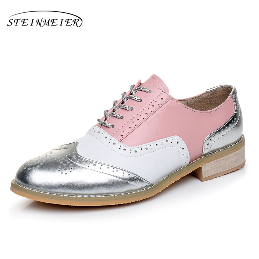 Вистинска кожа голема жена НИ 10 дизајнер гроздобер станови чевли круг пети рачно изработени сребрени бела розова оксфорд чевли за жени крзно