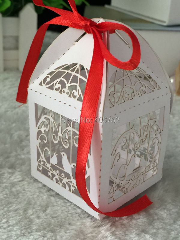Бела птица кафез корист кутии ласерски сече свадба сувенири корист кутија со панделка