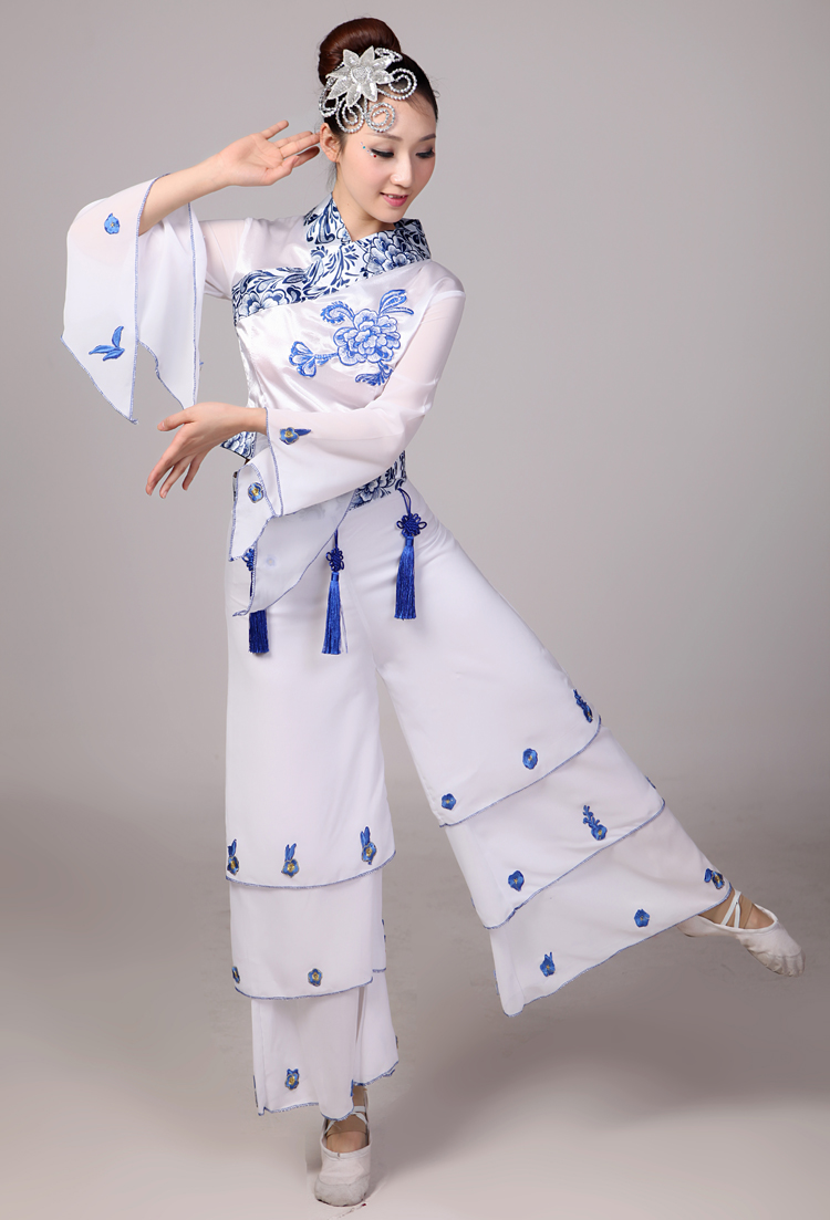кинески народен танц Облека сини и бели порцелански национален костим облека ballroom танцува облека