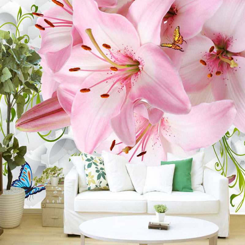 Романтични Розова Лили Цвеќиња Фото Mural За Спалната соба Дневна Соба ТВ Софа во Позадина Ѕид Едноставна Дома Декор Прилагодите 3D Позадина