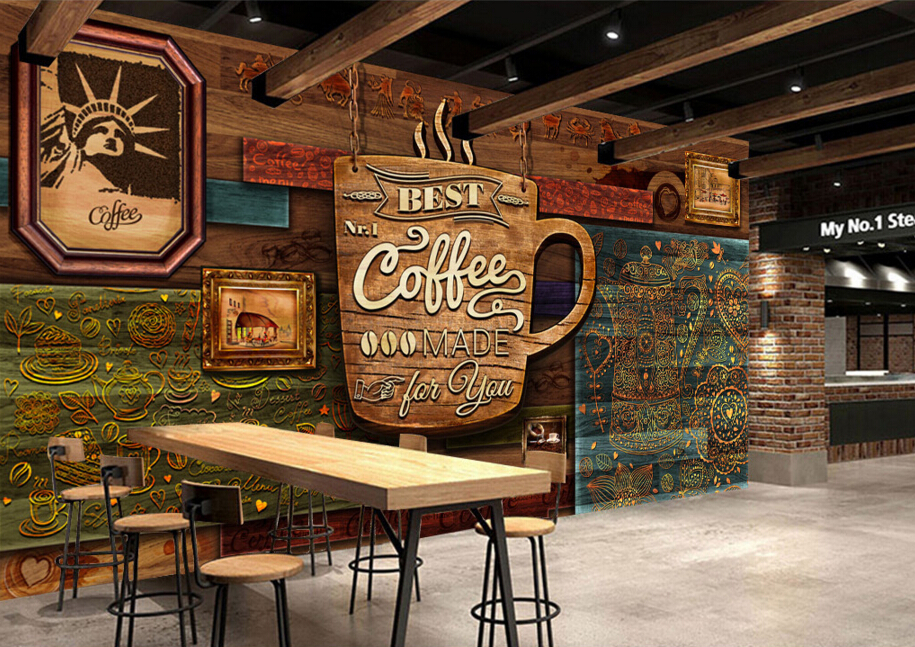 Обичај храна продавница позадина,Дрва шема кафе,3D ретро mural за ресторан, кафуле, хотел позадина ѕид ПВЦ позадина