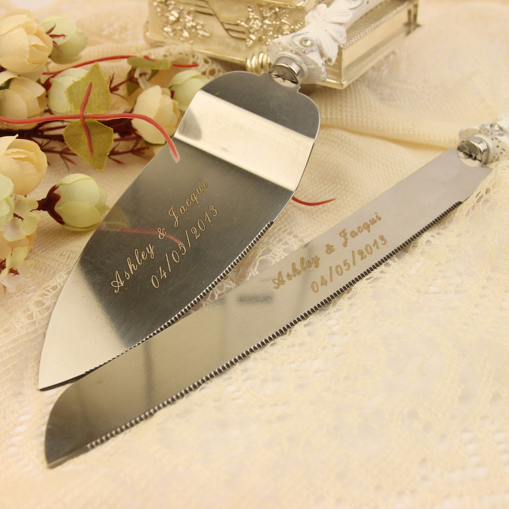 Бесплатен Превозот Персоналните Свадба Торта Нож Служат Поставите Декорација Материјали Обичај Име И Датум Свадба Корист Подароци