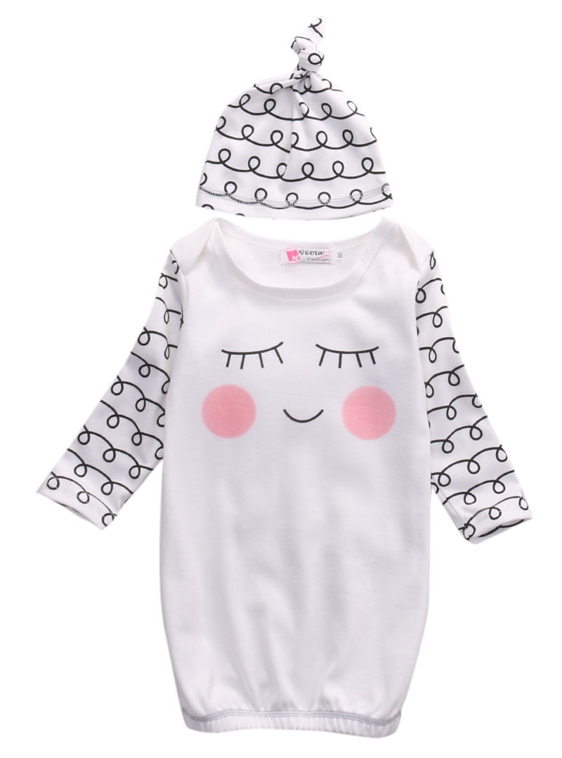 Симпатична Новородено Бебе Поспан Очи долг ракав о-вратот, бели облеки+Румени Образи Облека Бебе Gown Шапка 2 парчиња поставени 0-6M