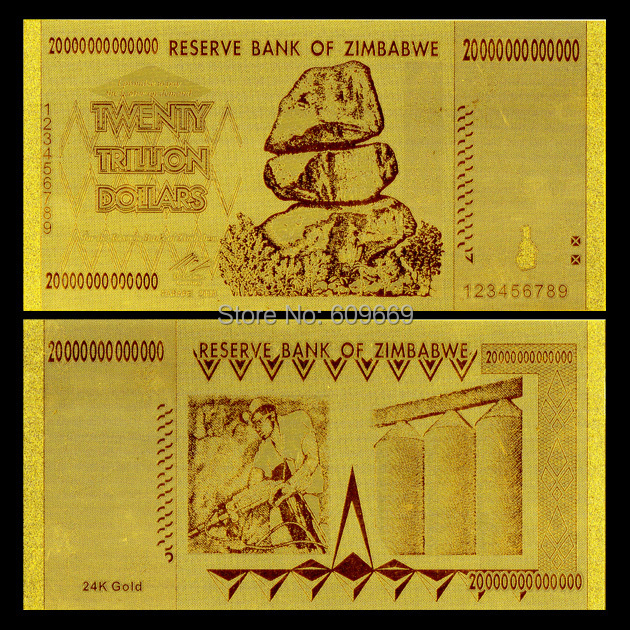Промоција Подароци Зимбабве 20 Трилиони Долари Злато Банкноти во Златна Фолија Материјал