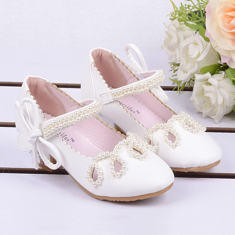Мода Нови деца чевли девојки високи потпетици принцеза чевли beaded девојки партија свадба децата поклон-вратоврска танц чевли розова бело злато