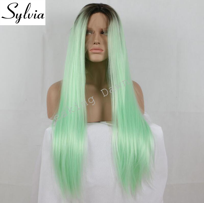 Силвија нане зелена 2T ombre свилен директно синтетички чипка пред перики зелена долго природна топлина отпорни влакна на косата со темно корени