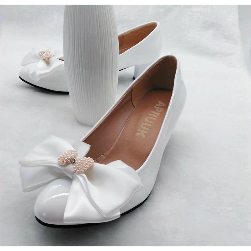 Средината пета бела пеперутка-јазол свадба чевли невестата плус големина круг пети рачно изработени дама бел сатен bowtie булчински чевли