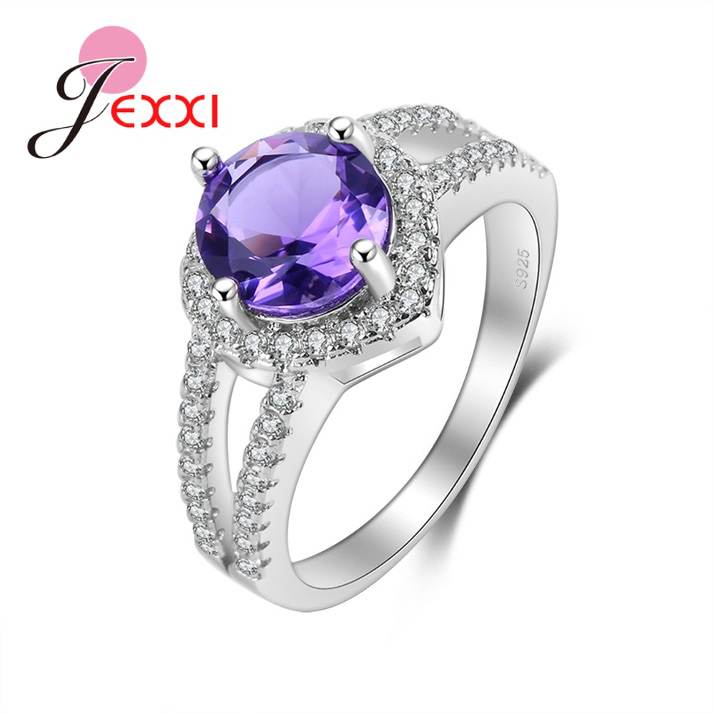 JEXXI Популарни 925 Sterling Silver Прстени За Жените Свадба Партија Пурпурна Со Кристално Бела Кубни Циркони Околу Ангажирање