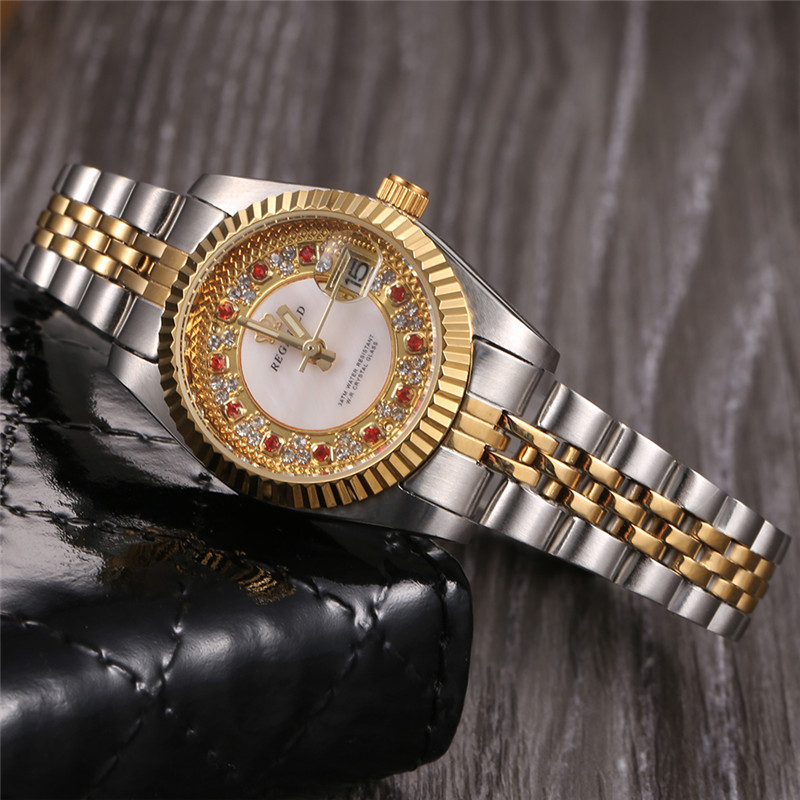 Луксузен Бренд REGINALD Мода Кристал Жена кварц записи со Врвен Квалитет се види од Нерѓосувачки Злато челик Фустан рачни часовници