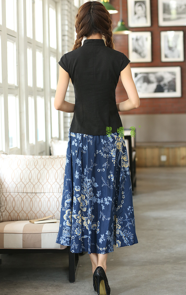 Шангај Приказна Кратко Sleeve мандарина јака традиционален Кинески блузи Црна Лен Врвот со Флорални кинески Блузи GD213