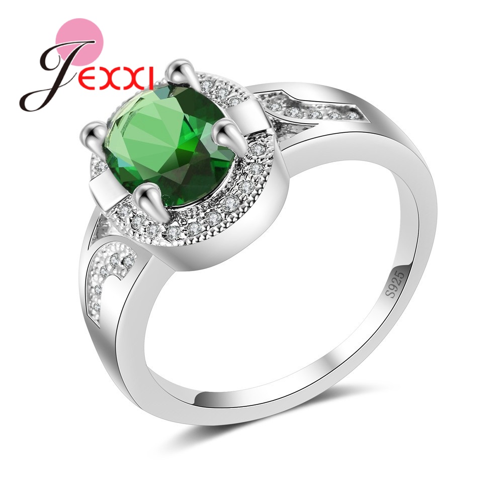 JEXXI Врвен Квалитет 925 Фунта Сребрена Свадба Накит, Прстени за Жените Луксузни Круг Cz Зелена Ангажман Годишнината