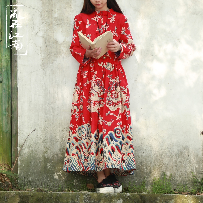 година Пролет Кинески стил змеј дизајн фустан мандарина јака drawstring памук, лен облека 3 бои