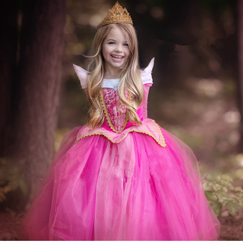 2018 Девојки Заспаната Убавица Принцеза Костим Есен Пролет Девојка се Облекуваат Розова Сина Принцезата Аурора Фустани