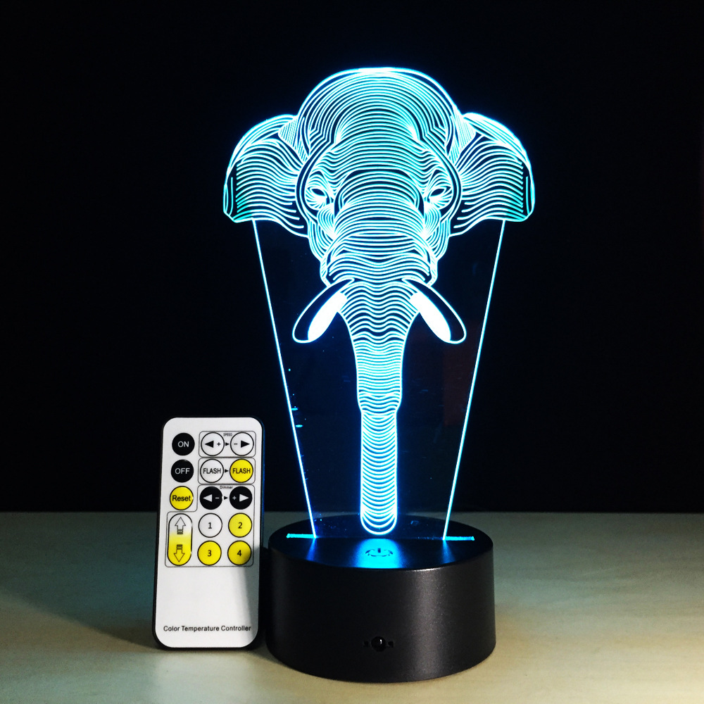 Слон 3D Илузија Деца Спиење Атмосфера Светлина Шарени LED Светилка Бебе Играчка Роденден Одмор Подарок USB Допир Или