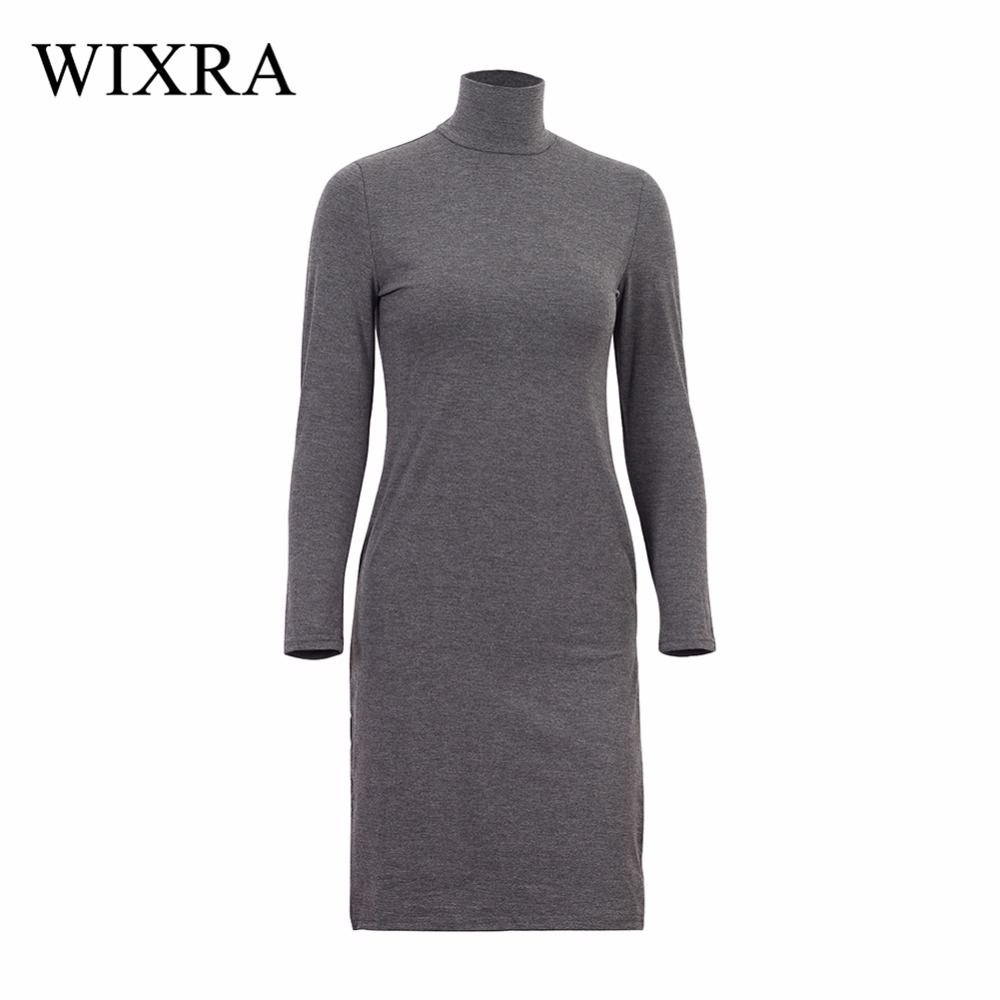 WIXRA Основните Turtleneck се Облекуваат Жените Страна Сплит Пролет Џерси Поврзана Памук Фустан Тенок Еластична Долг