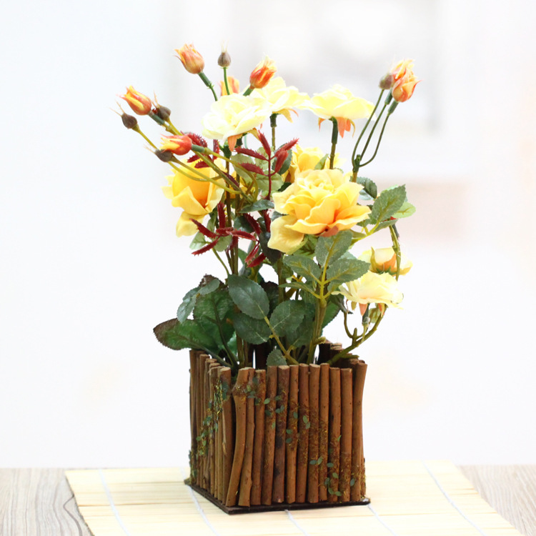 Дрвена ограда бонсаи Вештачки трендафил цвеќе со вазна поставите potted лажни Цвет десктоп растенија дома декорација