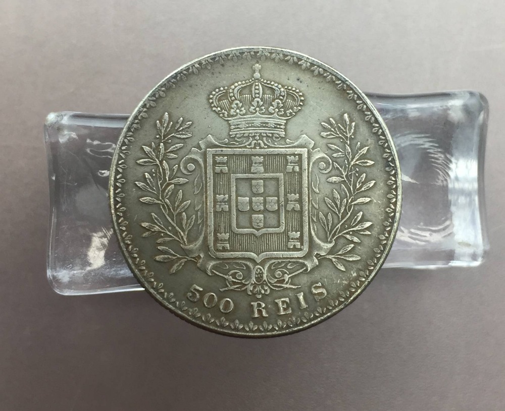 Португалија 500 Реис - Карлос Јас 1893 Година Месинг Позлатен Сребрен Примерок На Монета