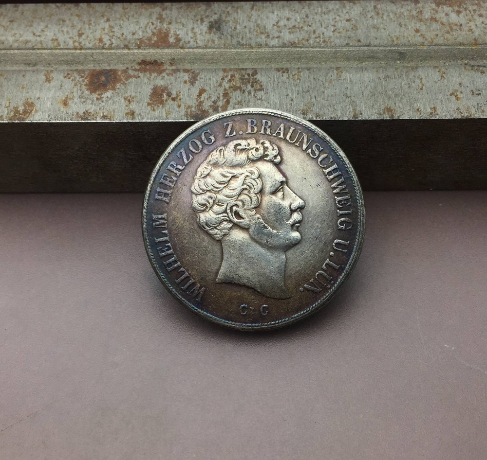 Германски Држави Војводство Бранзвик Wolfenbuttel 2 ТАЛЕР 3 1/2 Црна 1844 Година CvC Месинг Сребро Позлата Копија Монети