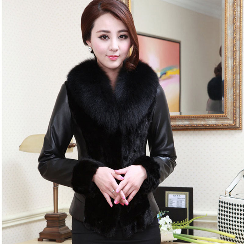 жените кожна јакна грб со raccoon крзно јака тенок одговара дама outerwear јакни и палта FS0084