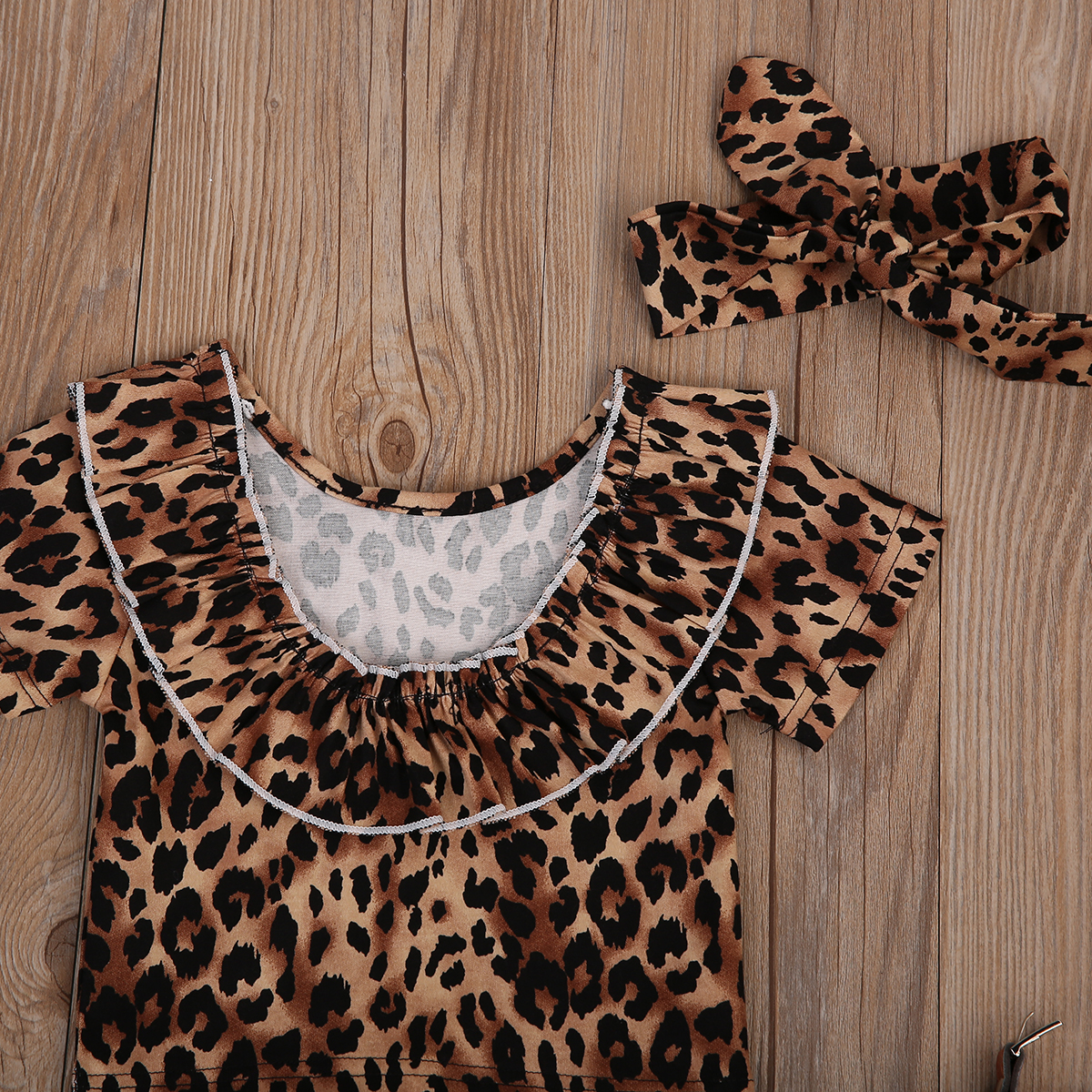 3pcs Новороденче Девојки Облека Поставува Леопард Кратко Sleeve Т-Маица Блузи Фармерки Шорцеви Headhand Облека Сет