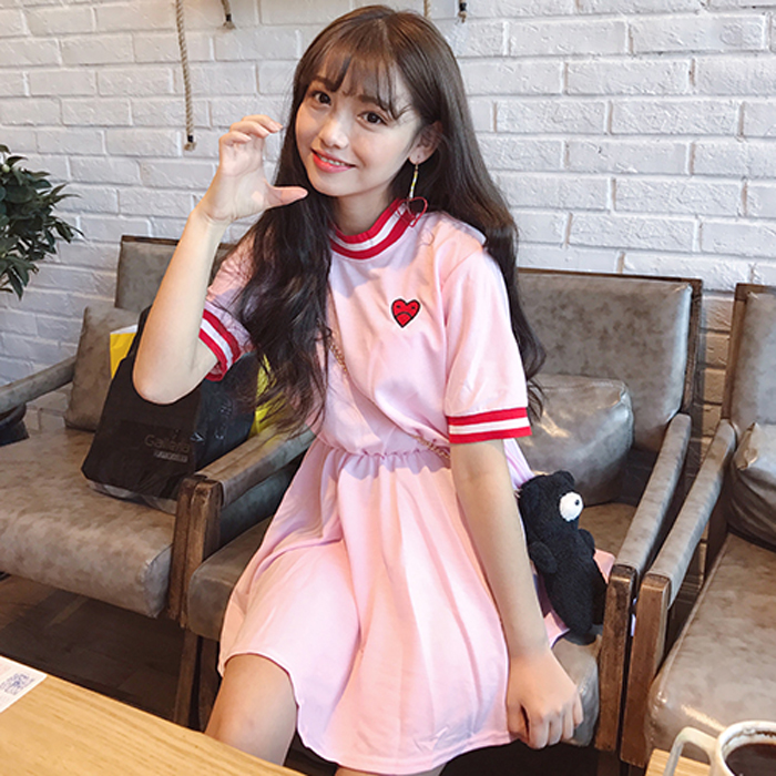 Јапонски мека девојка пролет и лето симпатична љубов шема везови висока половината кратко sleeve фустан учениците е тенка облека wj659