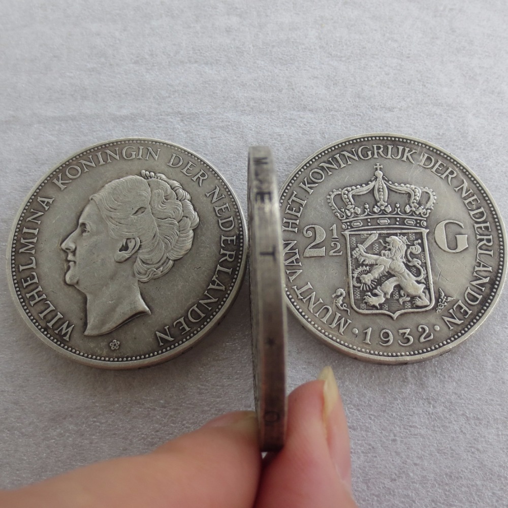 1932.Холандија, Wilhelmina, 2 1/2 Црна Сребро Копија CoinsCopy Монети