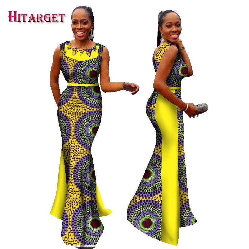 2017 Нови Bazin Riche Африкански Фустани за Жена Печати Splice О Вратот Сирена Фустани Dashiki Африканската Традиционална Облека WY1694