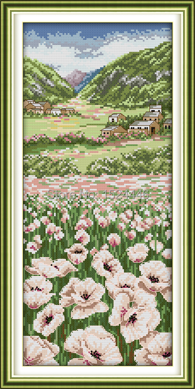 Цвеќе градина Афион полиња,11CT испечатени на ткаенина DMC 14CT Крстот Бод колекции,везана везови Поставува,Сценско Дома