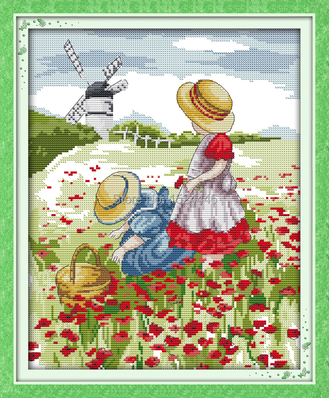 Прекрасен цвет градина Афион поле,момче и девојка,11CT печати 14CT Крстот Бод за полнење,везана embroider Сет,DMC Сценско