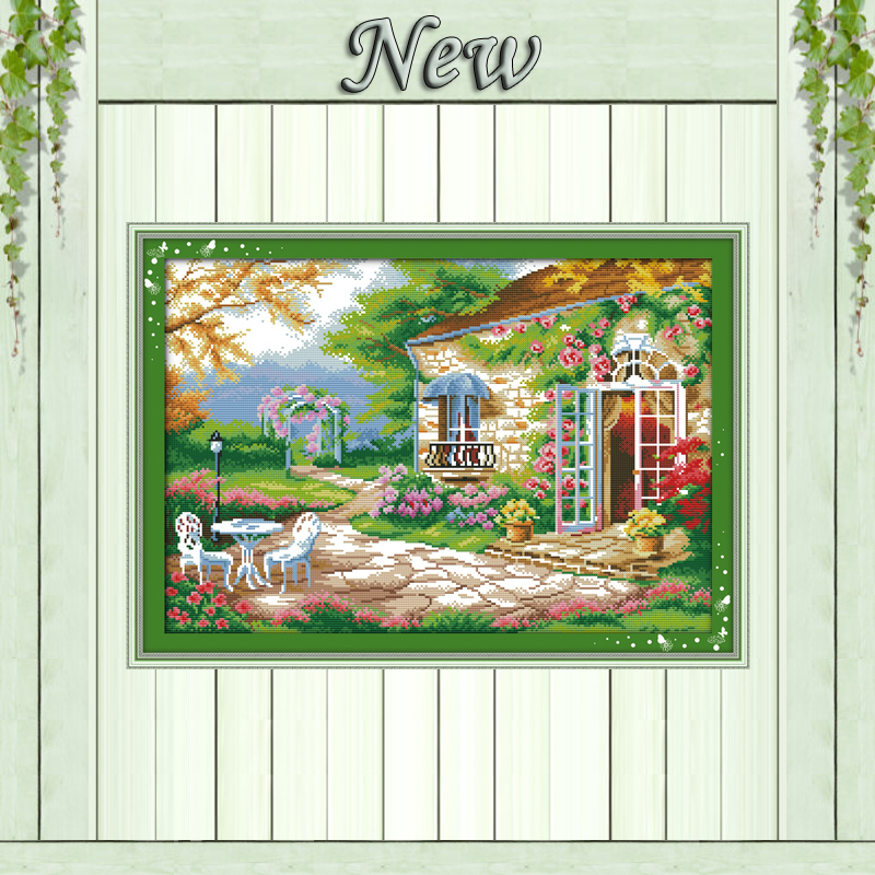 Убава Романтична двор градина,11CT отпечатена на платно Крстот Бод колекции,везана embroider Сетови,14CT DMC Сценско