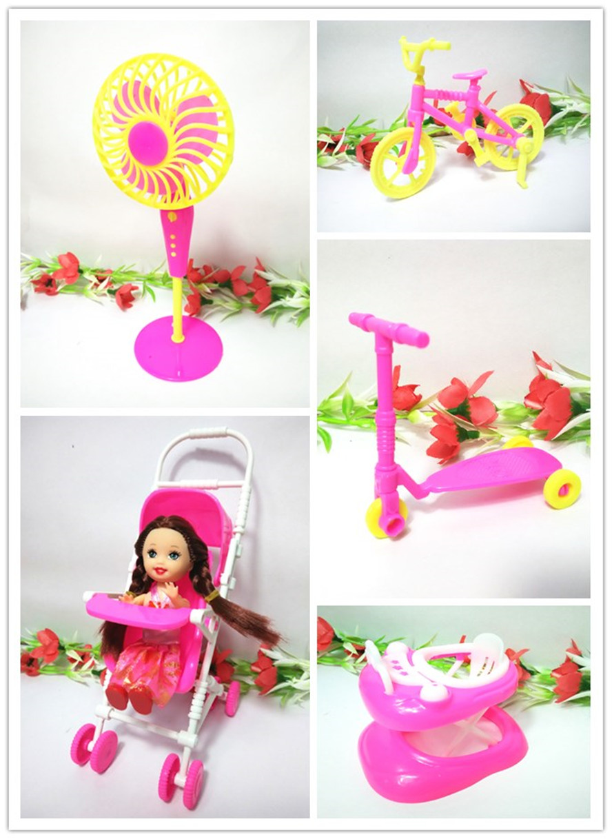 Играчки Девојка Роденден Подарок(Кели кукла+Велосипед+Вентилатор+Вокер+Количка)Додатоци за Барби Кукла Куќа Класичните