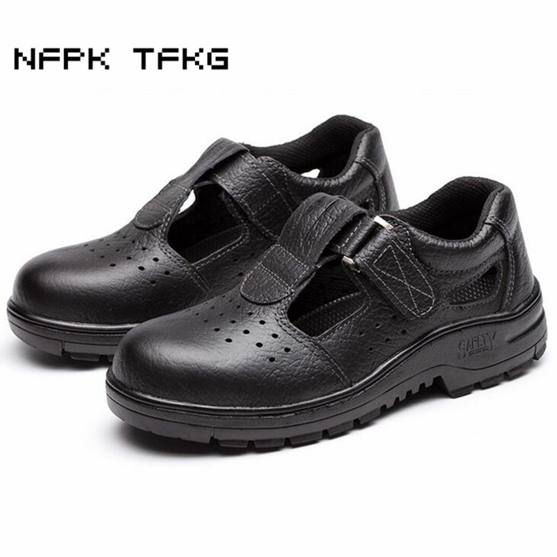 мажите мода големи димензии црна дише челик пети челик пети капа работи безбедност летни чевли мека кожа сандали анти-пункција чевли