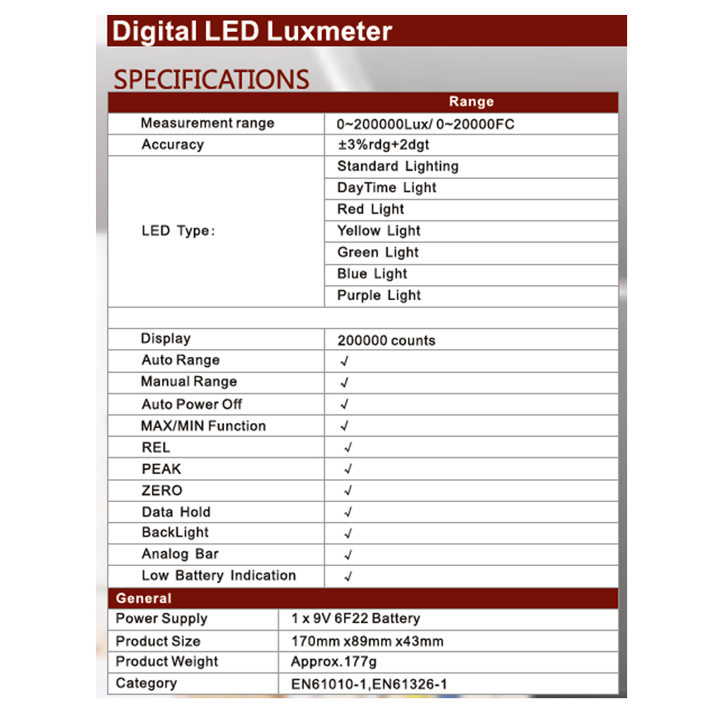 Службен PEAKMETER MS6612L LED Digital Аналоген Бар Светлина Лукс Метар 200000 лукс Рачни Светлина Метар за Мерење Светлина