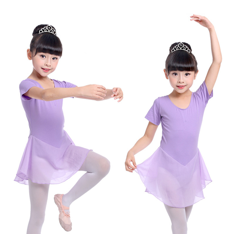 Девојки Кратко Sleeve Балет Leotards Деца Танц Гимнастика Chiffon Dancewear за деца Тинејџерски Unitard со Туту Здолниште