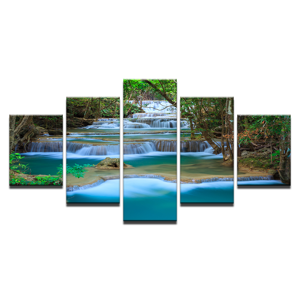Модуларен Платно Ѕид Уметност HD Отпечатоци Слики Дома Декор 5 Парчиња Пејзаж Водопад Постери Шумски Дрвја Езеро Слики