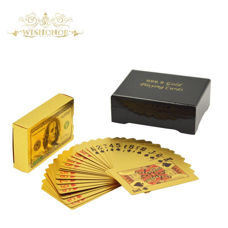 Нови 24K Сопствени Карти за Играње Обоени USD 100 Долари Покер Картички во 99.9 Злато Обложено Со Дрво Кутија & Златен