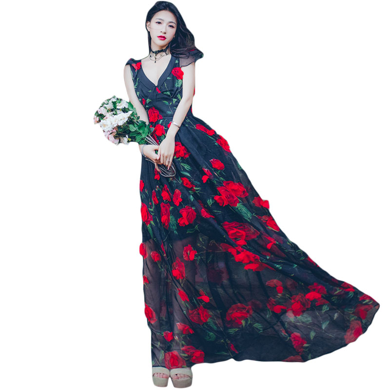 Бесплатен превозот лето chiffon црвена роза 3d v деколте, црна печатење гроздобер кралицата долг фустан