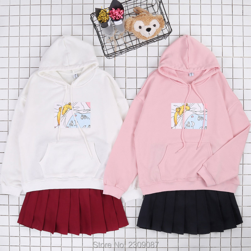 Harajuku Жените Дуксери Јапонски Морнар Месечината Печатени Pullover Kawaii Симпатична Девојка Лабава Hoody Sweatshirt Preppy Студент Облека WXC
